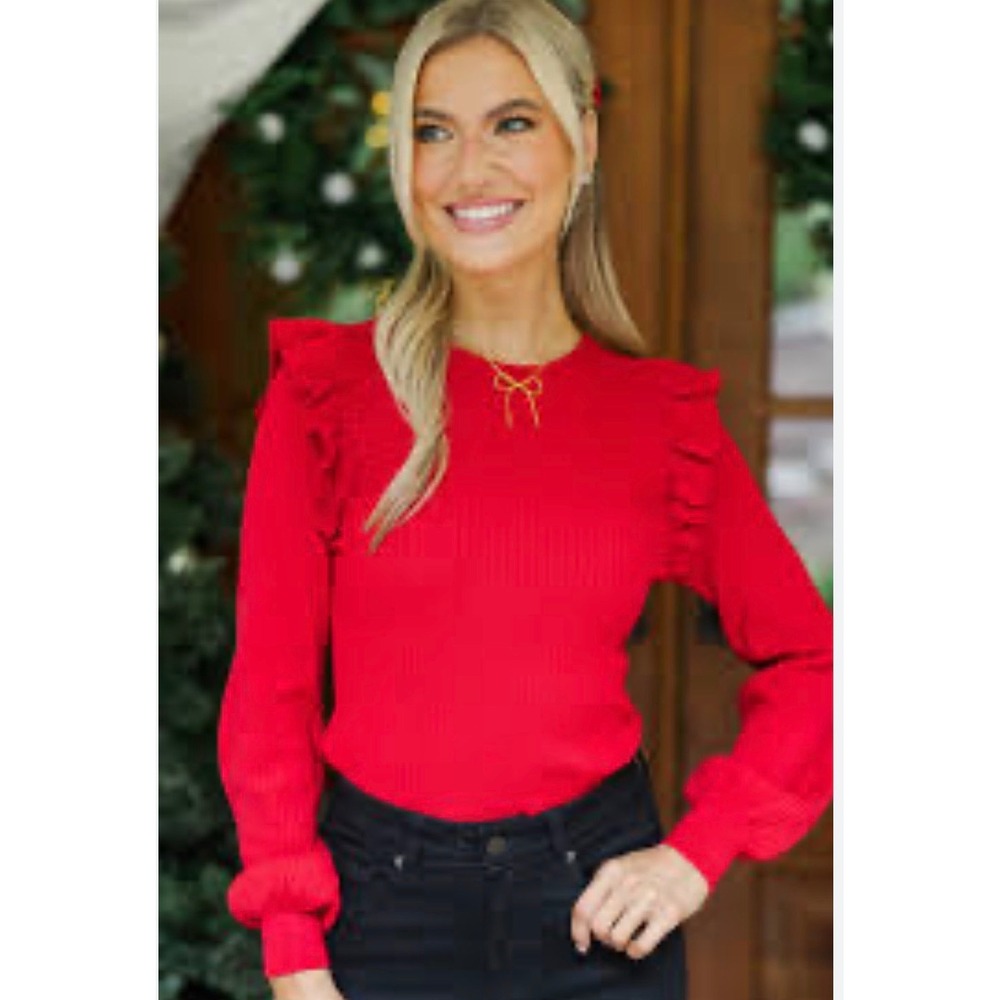 Shop The Mint Red Ruffle Shoulder Ribbed Knit Balloon Sleeve‎ Sweater Medium
